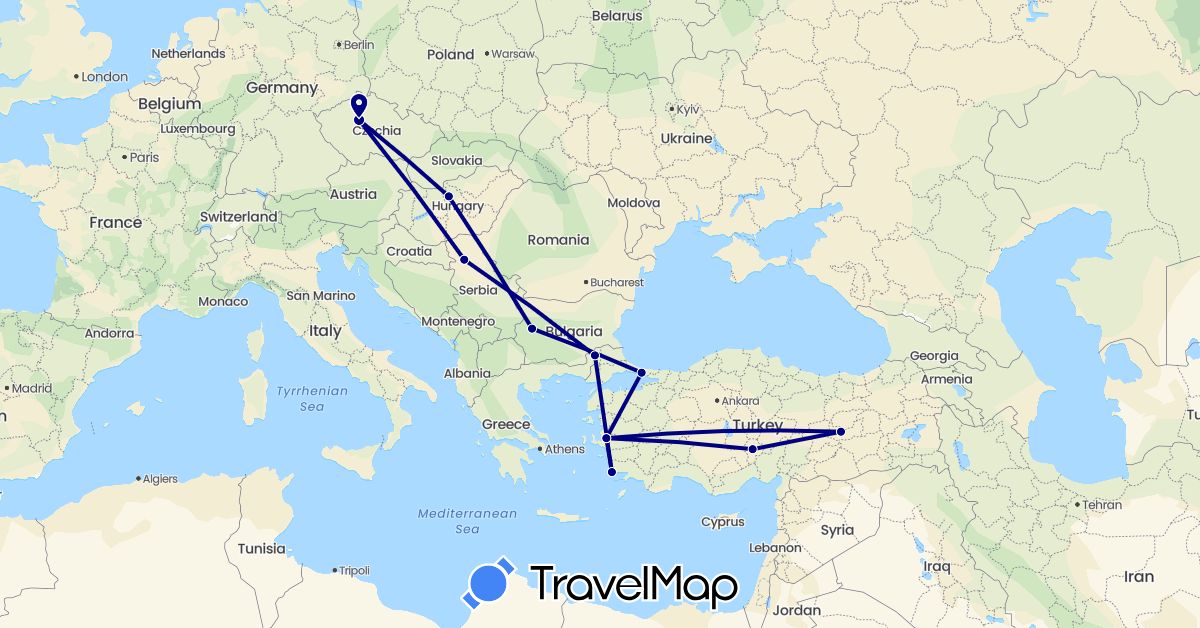 TravelMap itinerary: driving in Bulgaria, Czech Republic, Hungary, Serbia, Turkey (Asia, Europe)